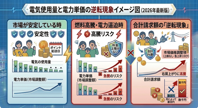 電気使用量と電力単価の逆転現象