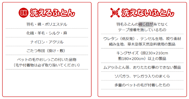 しももとクリーニング 洗える布団・洗えない布団