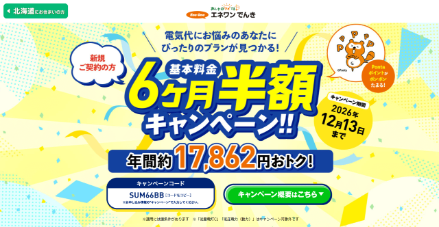 エネワンでんき 基本料金6ヶ月半額キャンペーン