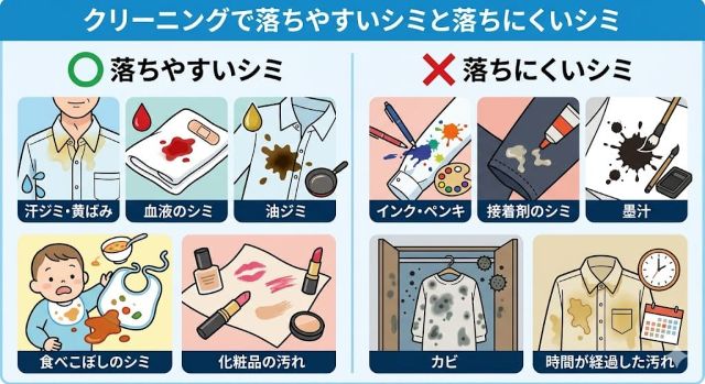 クリーニングで落ちやすいシミと落ちにくいシミ 図解