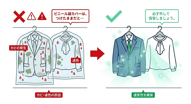 クリーニング後のビニールカバーは外して保管 図解
