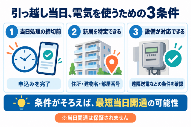 引っ越し当日、電気開通の3条件 図解